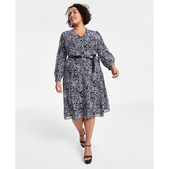 Michael Kors Plus Size 1X Animal-Print Kate Midi Dress Black MSRP $185 - Picture 1 of 4